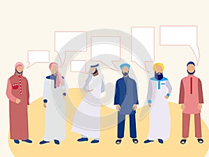 Set of six men, a group of Arabs in national dress. In minimalist style. Cartoon flat Vector text bubble thought photo