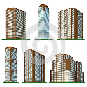 Set of six modern high-rise building on a white background.