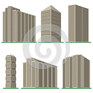 Set of six modern high-rise building on a white background