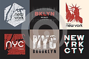 Set of six New York t-shirt and apparel designs. Vector print