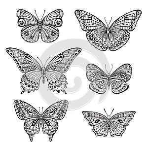 Set of six ornate doodle hand drawn butterflies