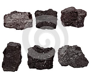 Set of six piece of coal isolated on a white