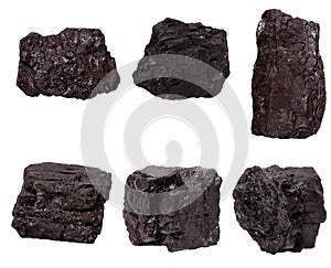 Set of six piece of coal isolated on a white