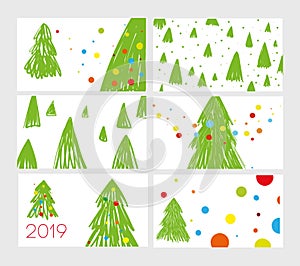 Set of six postcards for 2019 New year. Cute sketches Christmas tree with balls. Christmas trees are made in technique