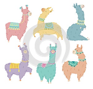 Set of six pretty hand drawn lamas, vector illustration photo