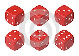 Set of six red dice with white dots hanging in half turn showing different numbers