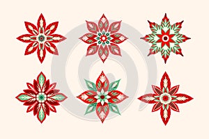 Set of six red and green floral Christmas ornaments on a light background