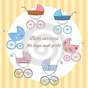 Set of six retro styled baby carriages for baby showers, arrival cards