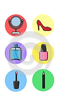 A set of six round icons for the actual with fashion items from the beauty industry cosmetic mirror women shoe perfume nail