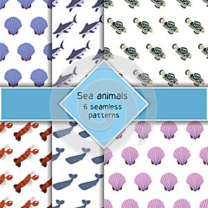 Set with six sea animal seamless pattern with seashall, sperm whale, hummerhead shark, lobster and mandarin fish.