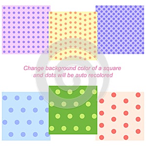 Set of six seamless backgrounds with auto recoloring dots patterns