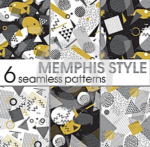 Set of six seamless patterns in memphis style