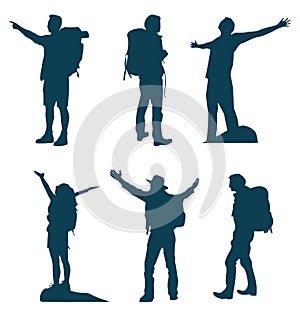 Set of six silhouettes of travelers who reached their destination