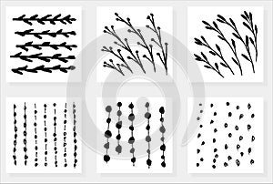 Set of six simple vector different patterns. Floral textures of stems and branches with leaves and berries and abstract