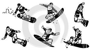 A set of six snowboarders. Hand drawn illustration.