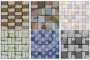 Set of six stone textures.Texture of old stone tiles, seamless background stone wall and grass. Vector illustration for user