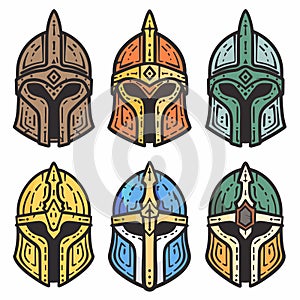 Set six stylized helmets representing futuristic warriors, drawn distinct colors, helmet features