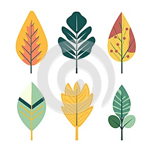 Set six stylized leaves various shapes colors, leaf features unique design, suggesting different photo