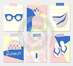 Set of six summer greeting cards with pineapple, watermelon, ice cream, beach sandals, palm leaves, bananas and sunglasses. Poster