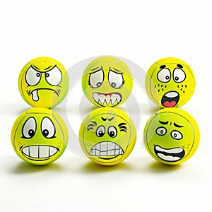 A set of six tennis balls with different expressions