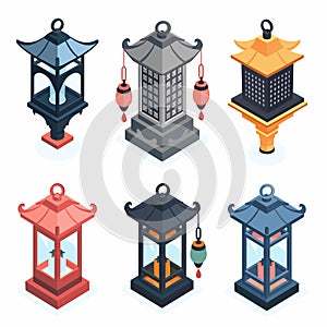 Set six traditional Asian lanterns isometric design. Lanterns exhibit various shapes, colors photo