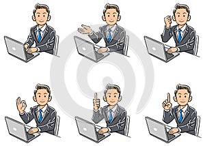 Set of six types of business man who turns his face to the front while operating a personal computer