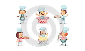 Set Of Six Vector Illustrations Of Babies Playing Cookers In Uniform