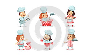 Set Of Six Vector Illustrations Of Babies Playing Cookers In Uniform With Different Scenes