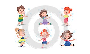 Set Of Six Vector Illustrations With Children Entertainments With Bubble Blower