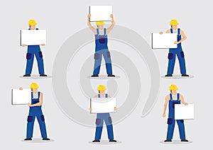 Construction Worker Holding Blank Display Placard Vector Character