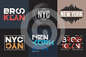 Set of six vector styled New York and Brooklyn t-shirt and apparel typographic designs, prints