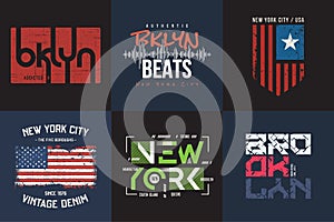 Set of six vector styled New York and Brooklyn t-shirt and apparel typographic designs, prints