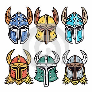 Set six viking helmets colorful cartoonstyle illustration. Helmets feature horns design, different