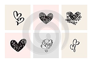 Set of six vintage Vector Valentines Day Hand Drawn Calligraphic Heart. Calligraphy lettering illustration. Holiday Design