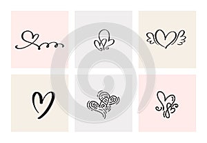 Set of six vintage Vector Valentines Day Hand Drawn Calligraphic Heart. Calligraphy lettering illustration. Holiday Design