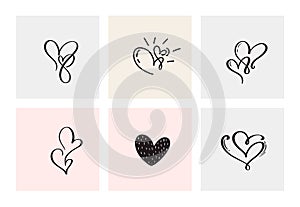 Set of six vintage Vector Valentines Day Hand Drawn Calligraphic Hearts. Calligraphy lettering illustration. Holiday Design