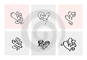 Set of six vintage Vector Valentines Day Hand Drawn Calligraphic Hearts. Calligraphy lettering illustration. Holiday Design