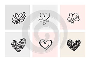 Set of six vintage Vector Valentines Day Hand Drawn Calligraphic Hearts. Calligraphy lettering illustration. Holiday Design