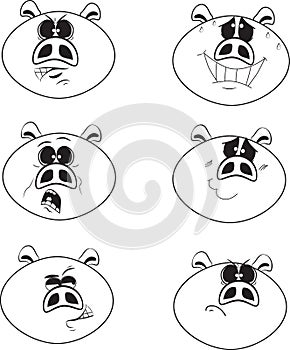Set of six white and black color cute cartoon emotional pig