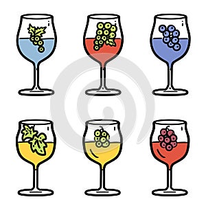 Set six wine glasses filled colorful liquids topped grape illustrations. Wine glasses feature photo