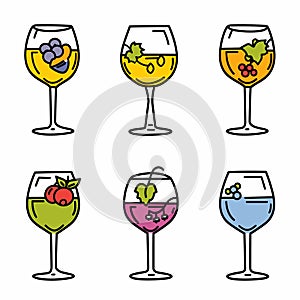 Set six wine glasses filled different beverages, glass adorned fruit motif. Vibrant colored drinks