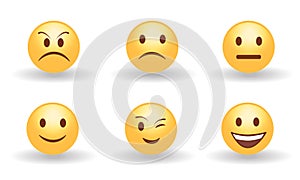 Set of six yellow cute happy smiling, sad, angry, suprised and neutral emoticons. Faces emotions. Facial expression