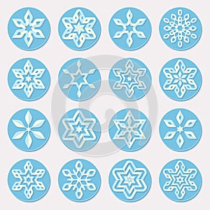 Set of Sixteen Blue Shades Snowflake Ornaments Christmas Design Elements