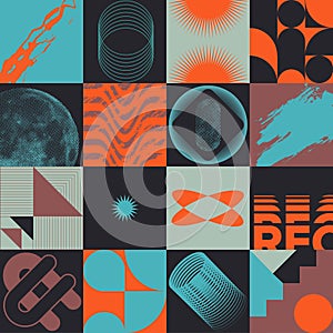 Set of sixteen colorful abstract postmodernism designs