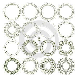 Set of sixteen dark olive-colored openwork frames and wreaths of curls, outlines of flowers, leaves and dots vector objects isolat