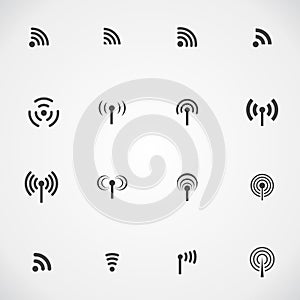 Set of sixteen different black vector wireless and wifi icons