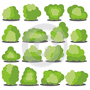 Set of sixteen different cartoon green bushes isolated on white background.