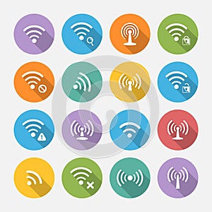 Set of sixteen different flat vector wi-fi and wireless icons