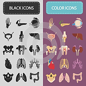 Set of sixteen human organs and anatomic parts color and black flat icons