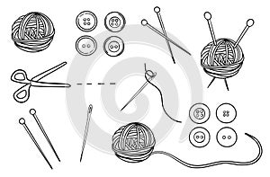 Set of sixteen knitting and sewing doodle elements.